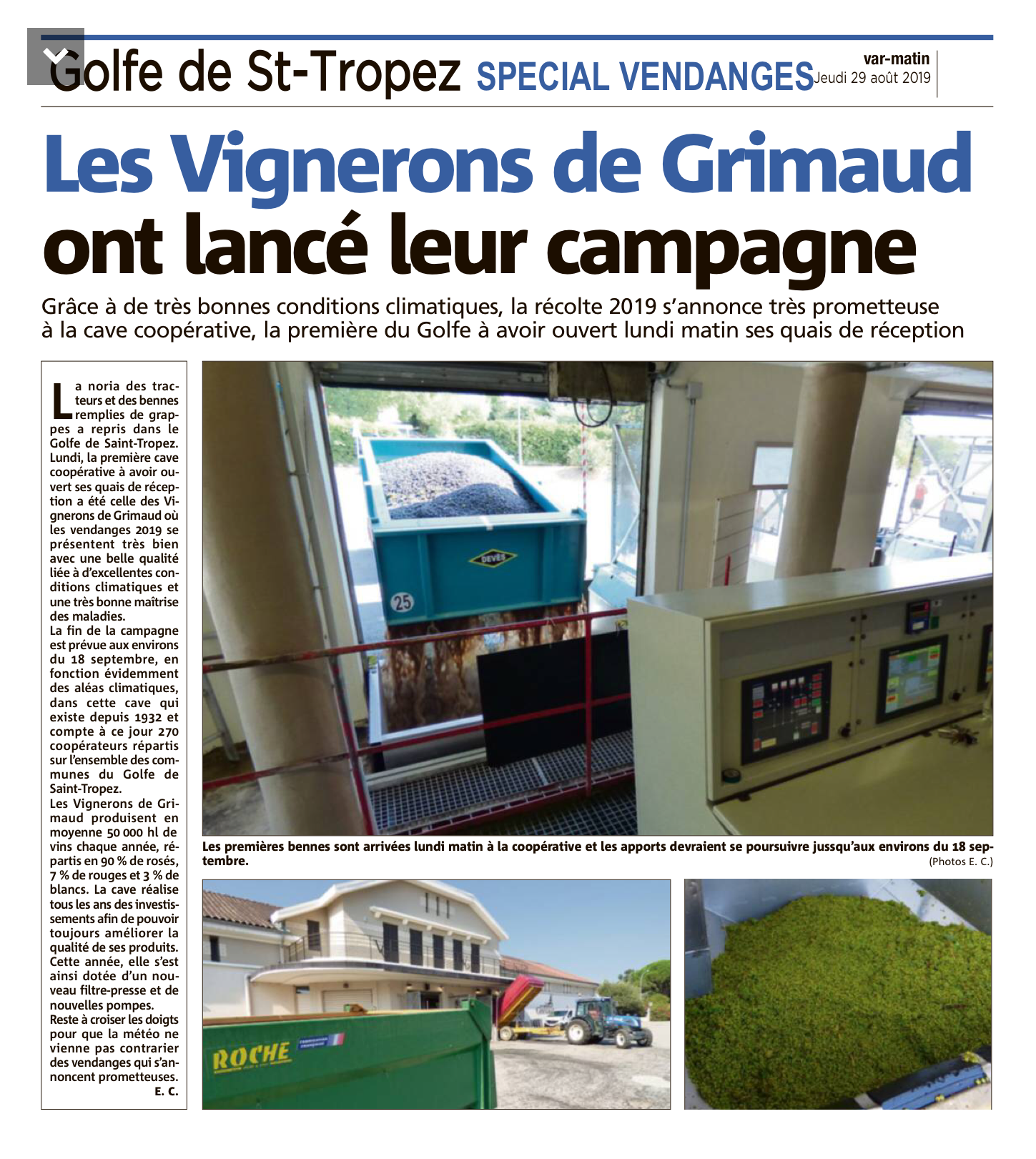 Article de presse du journal Var Matin, les Vignerons de Grimaud ont démarré les vendanges