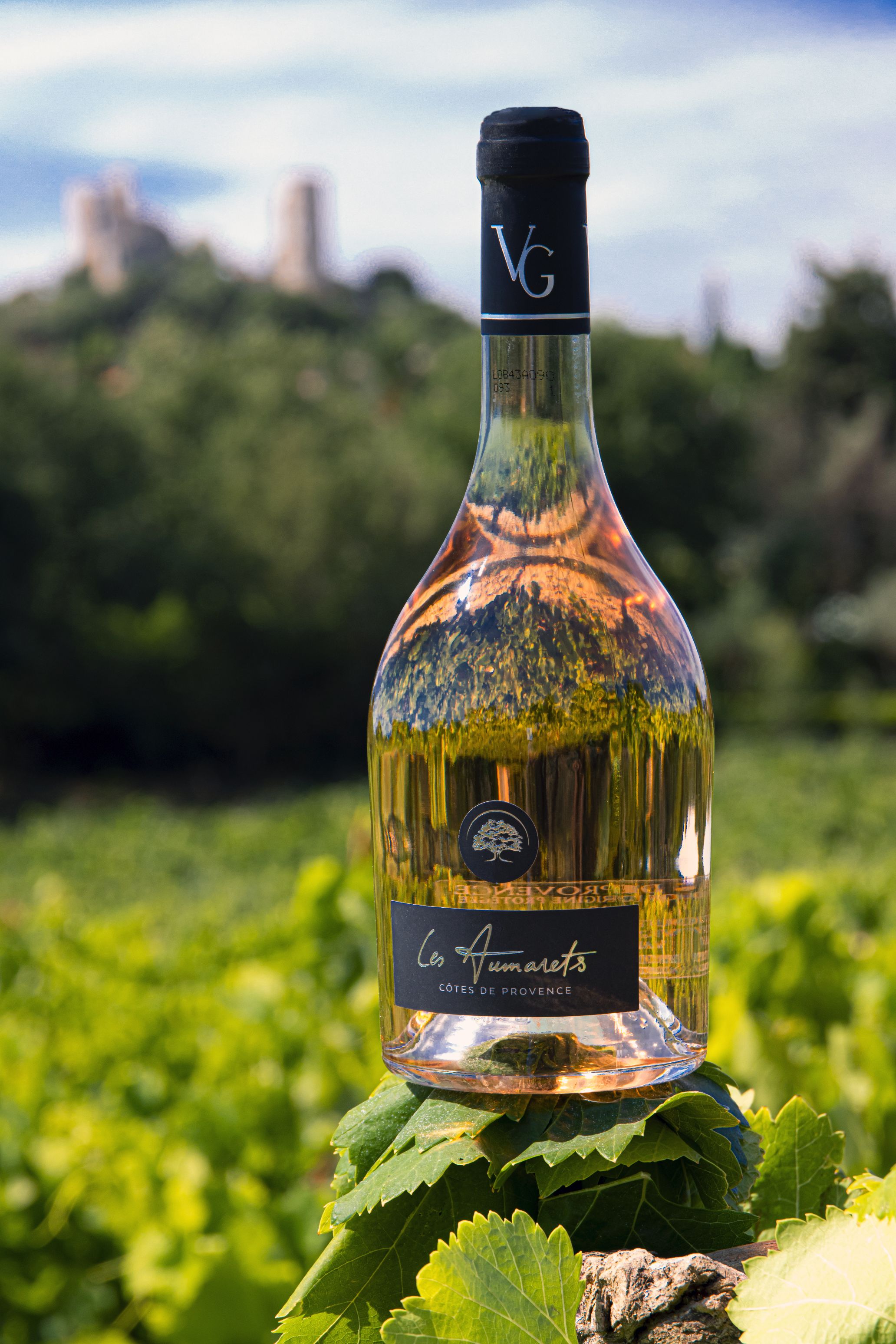Photographie de la bouteille les Aumarets rosé, en arrière-plan un champ de vignes